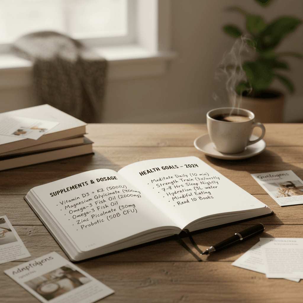 Wellness journal tracking supplements and brain health progress