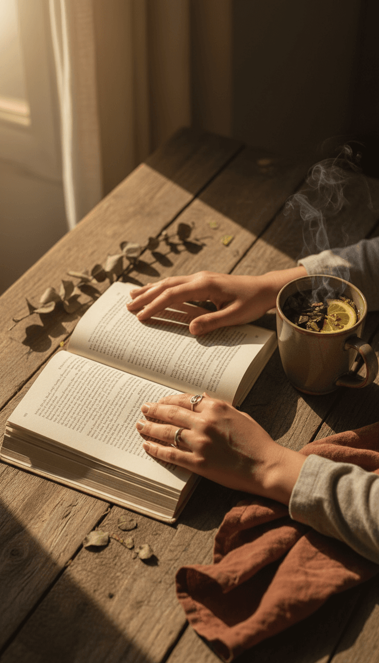 Woman reading a book with tea beside her