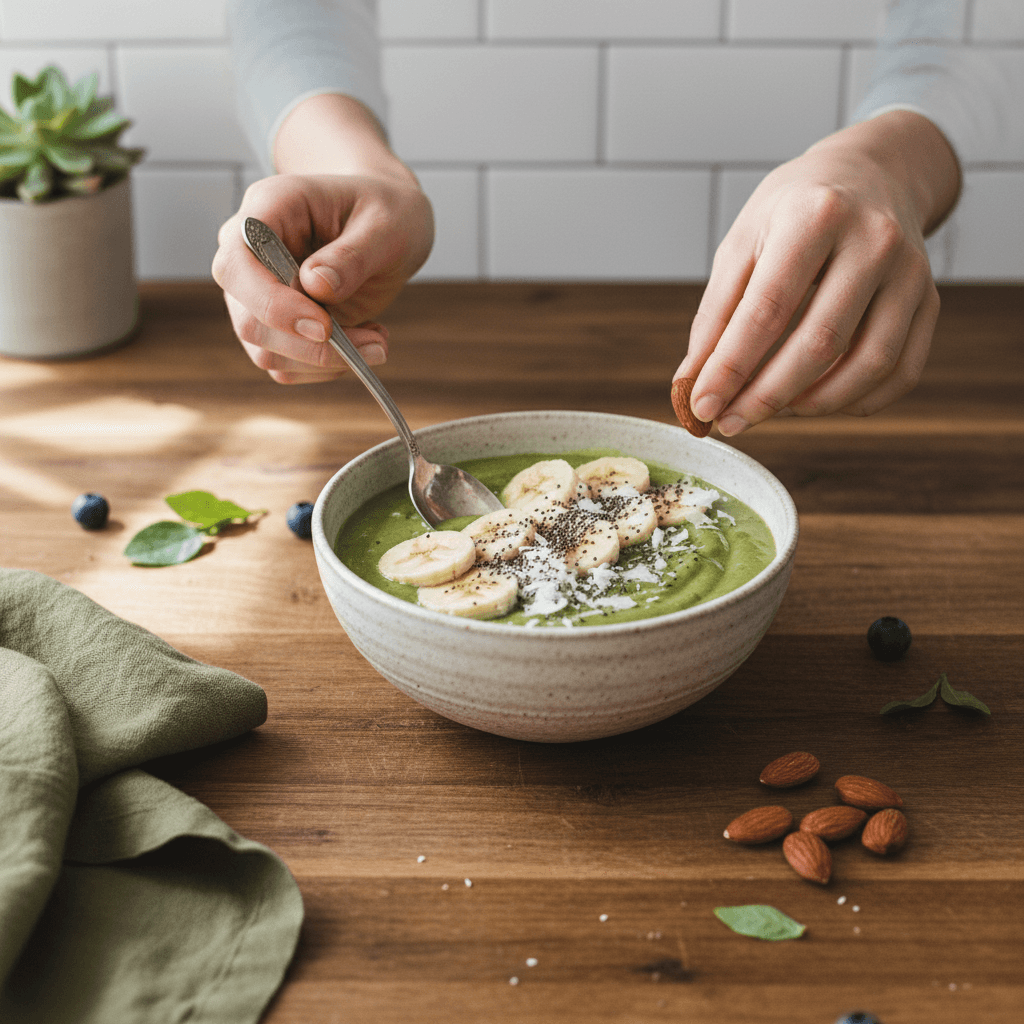 Hands placing a green smoothie bowl on a wooden counter, almonds beside it