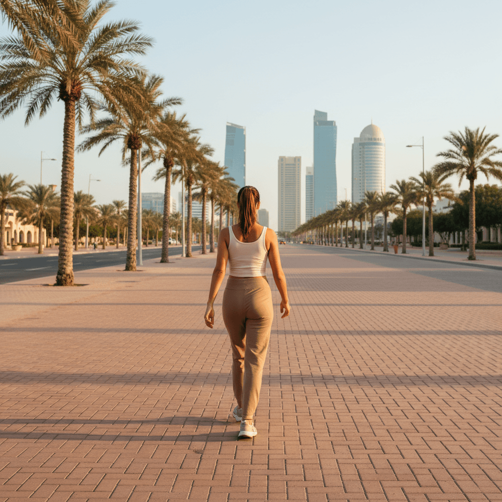 Woman walking in activewear on a Doha street, golden hour lighting