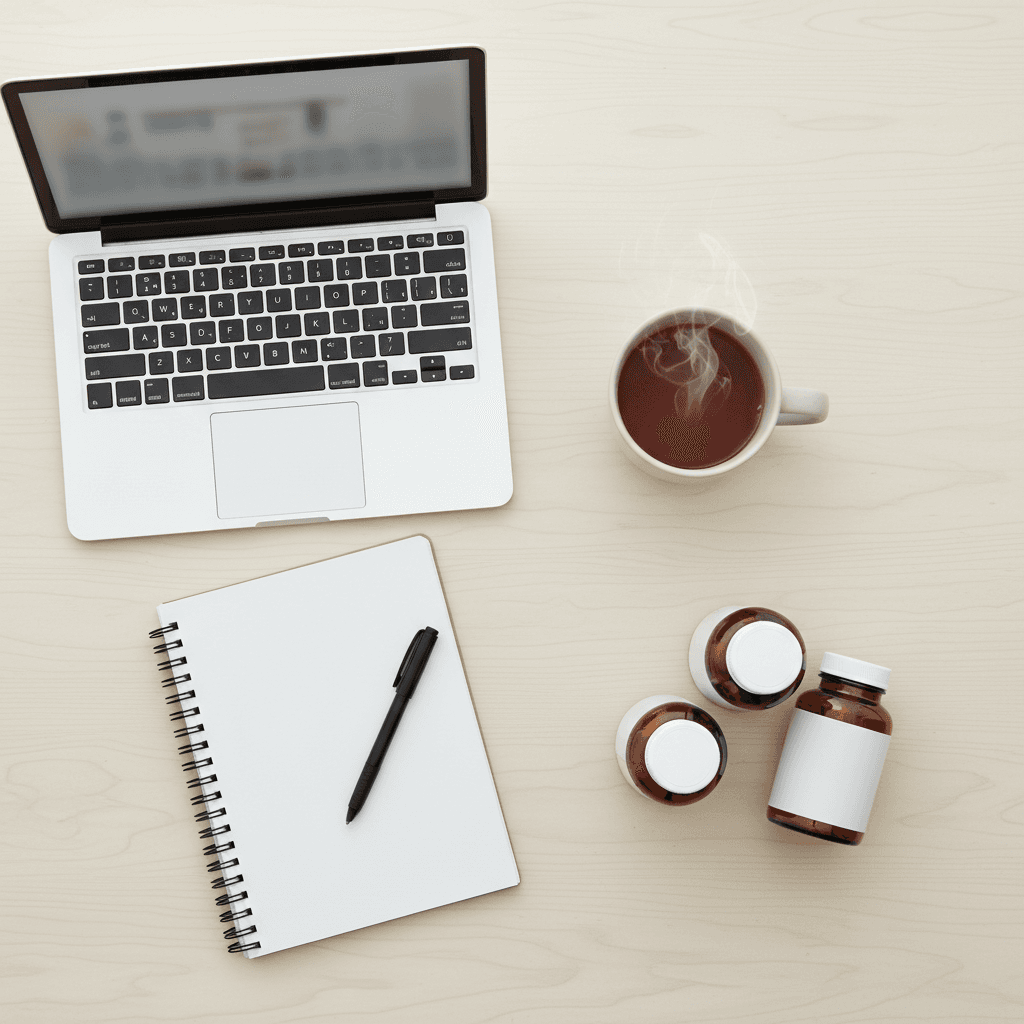 Overhead shot of a desk with laptop, notebook, tea, and supplement bottles