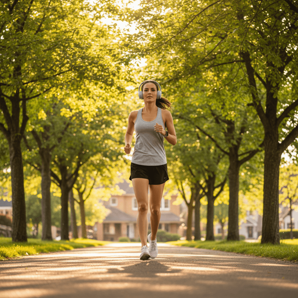 Woman jogging on a tree-lined path in natural light