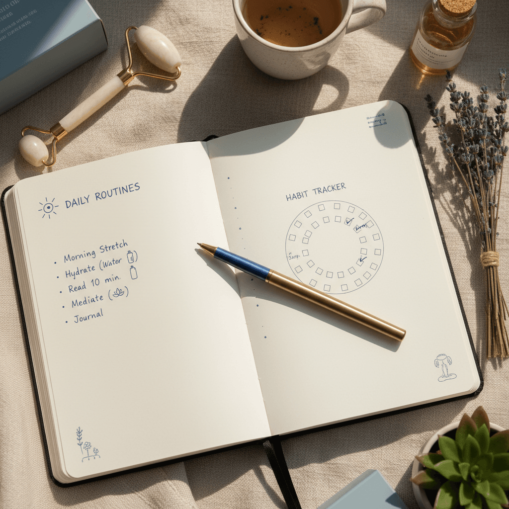 Journal open with wellness notes and pen