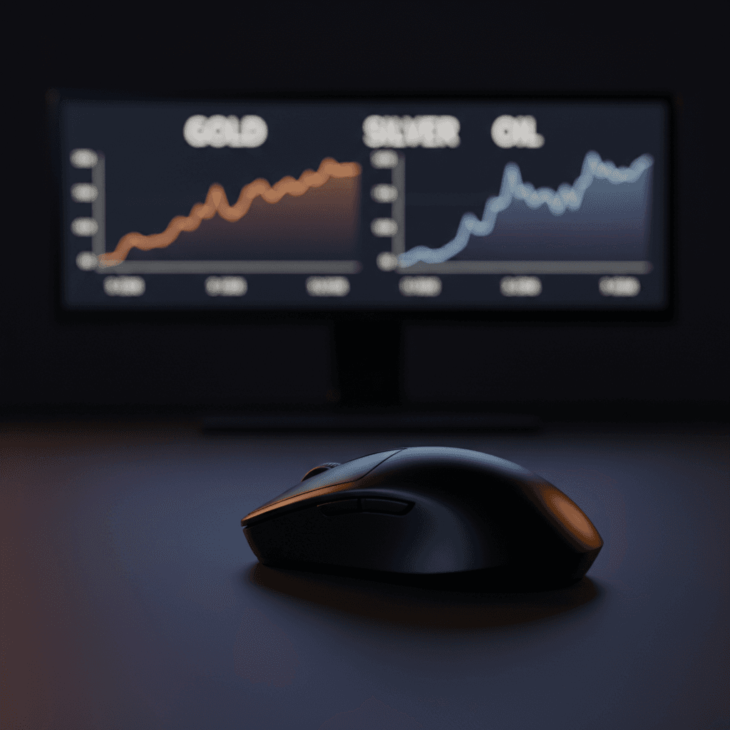 Computer mouse on dark desk with glowing monitor displaying commodity price charts in background