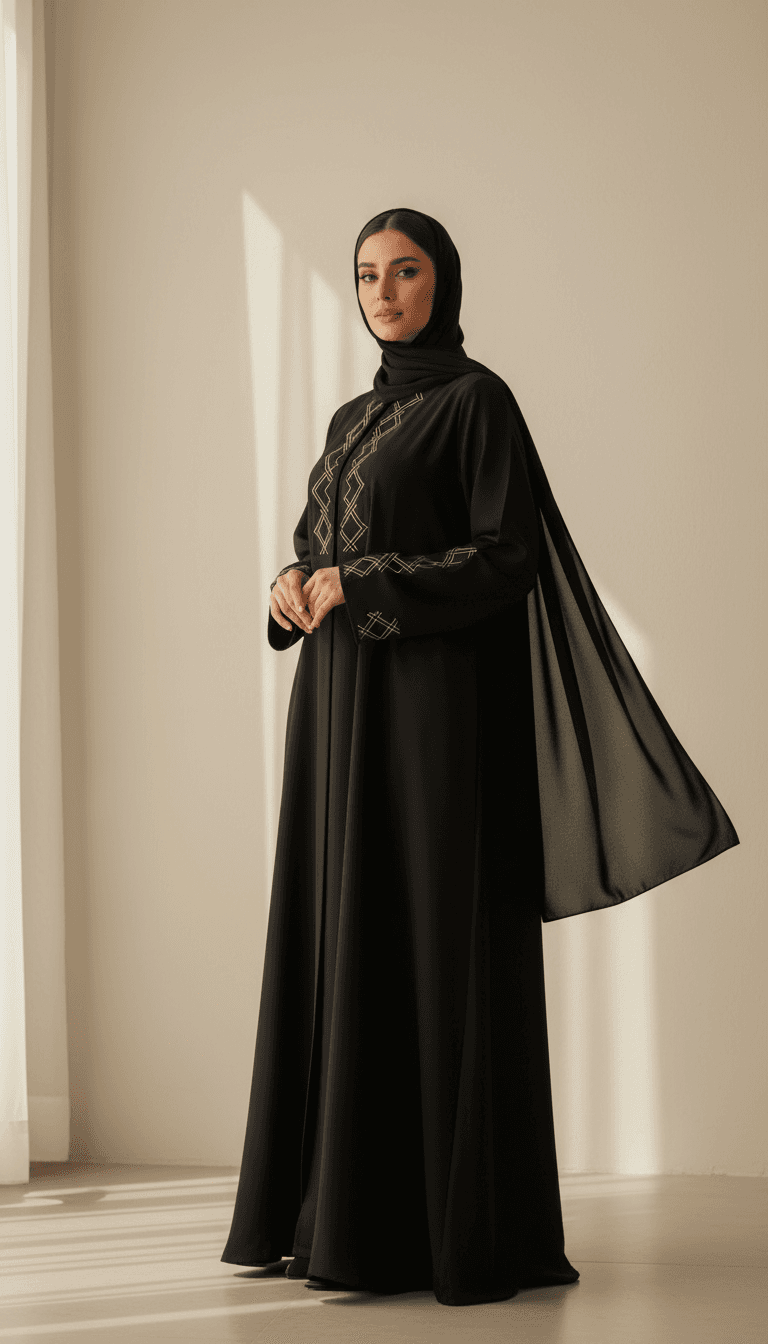 Woman standing in elegant pose wearing black embroidered abaya and coordinated hijab against neutral backdrop