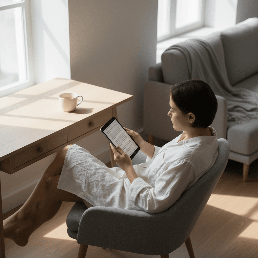 Woman reading wellness article on tablet with morning light