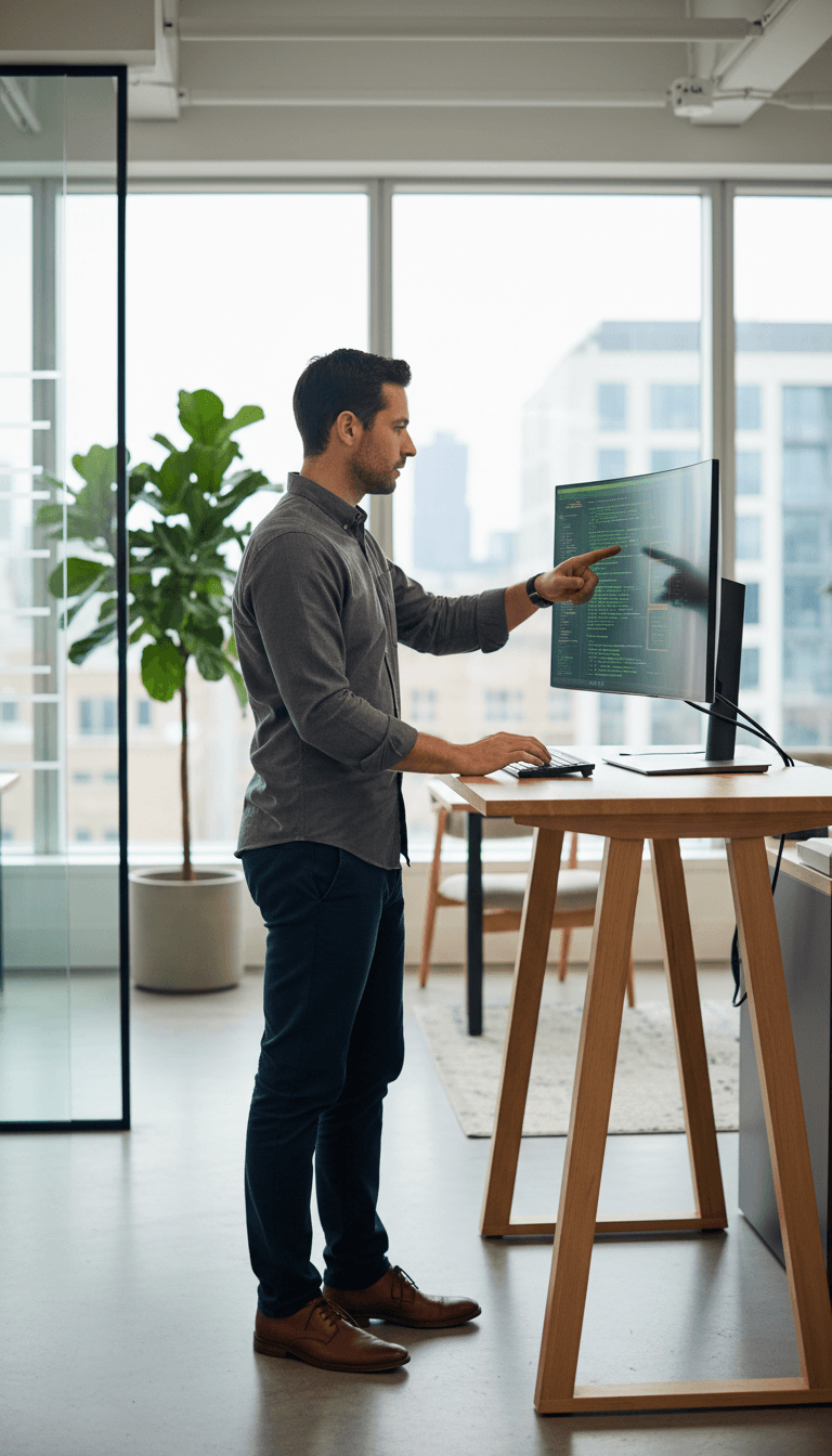 Software engineer focused at standing desk reviewing code and system architecture on computer monitor