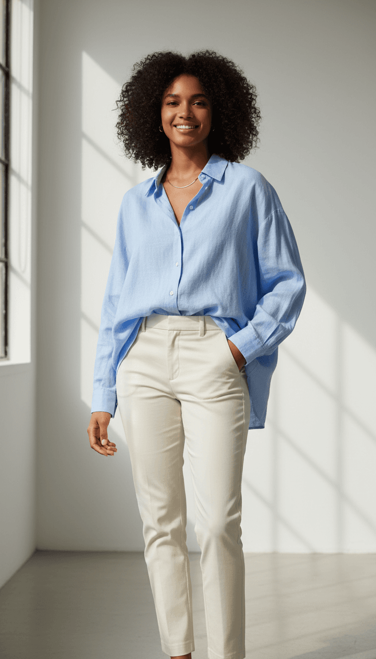 Woman wearing oversized button-up shirt and fitted trousers standing confidently in bright natural light, displaying casual apparel styling