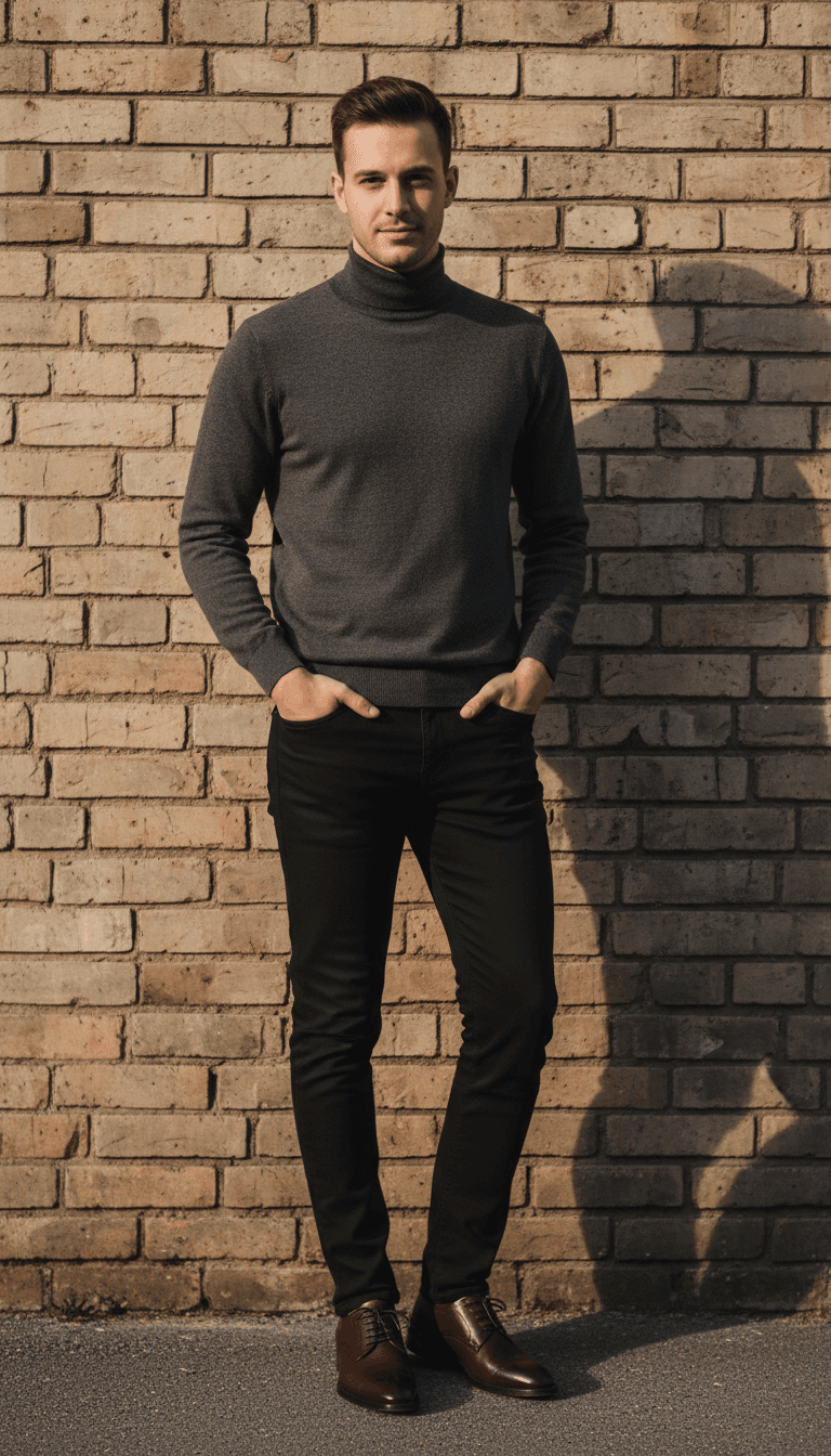 Stylish young professional man in full-length portrait wearing burgundy leather oxfords and casual professional attire against brick wall