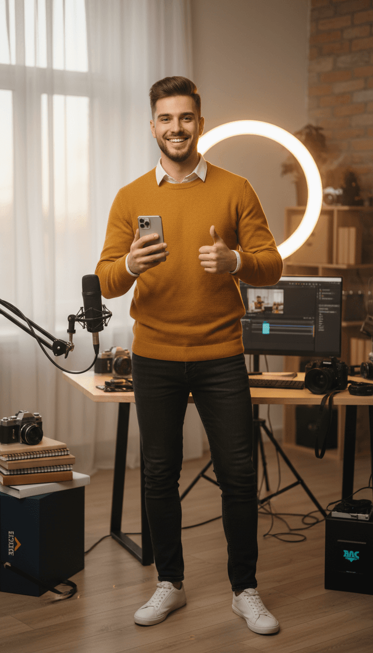 Young content creator standing confidently in home studio with ring light and microphone, holding smartphone