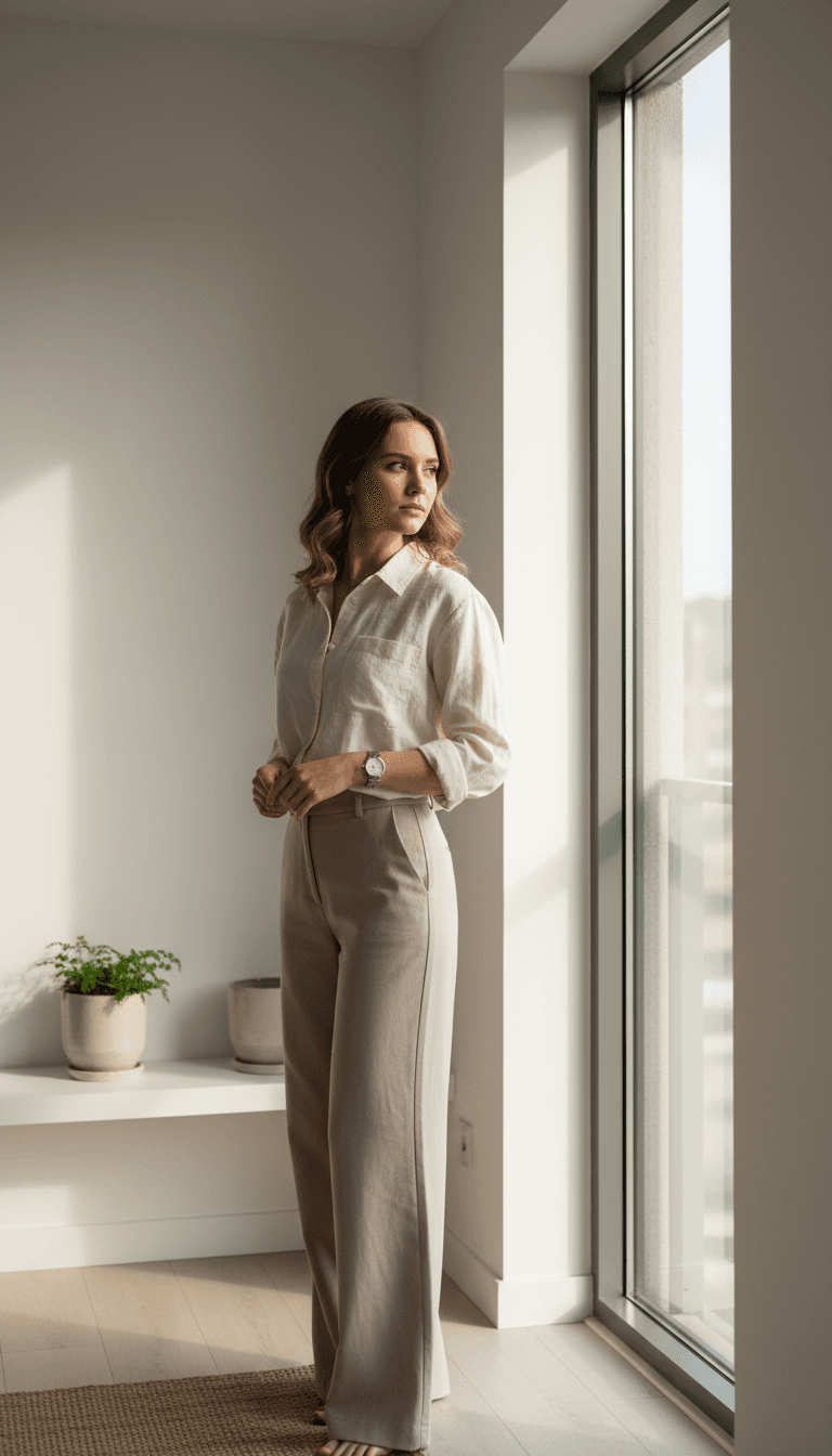 Woman in cream linen shirt and taupe trousers standing by bright window in minimalist apartment interior