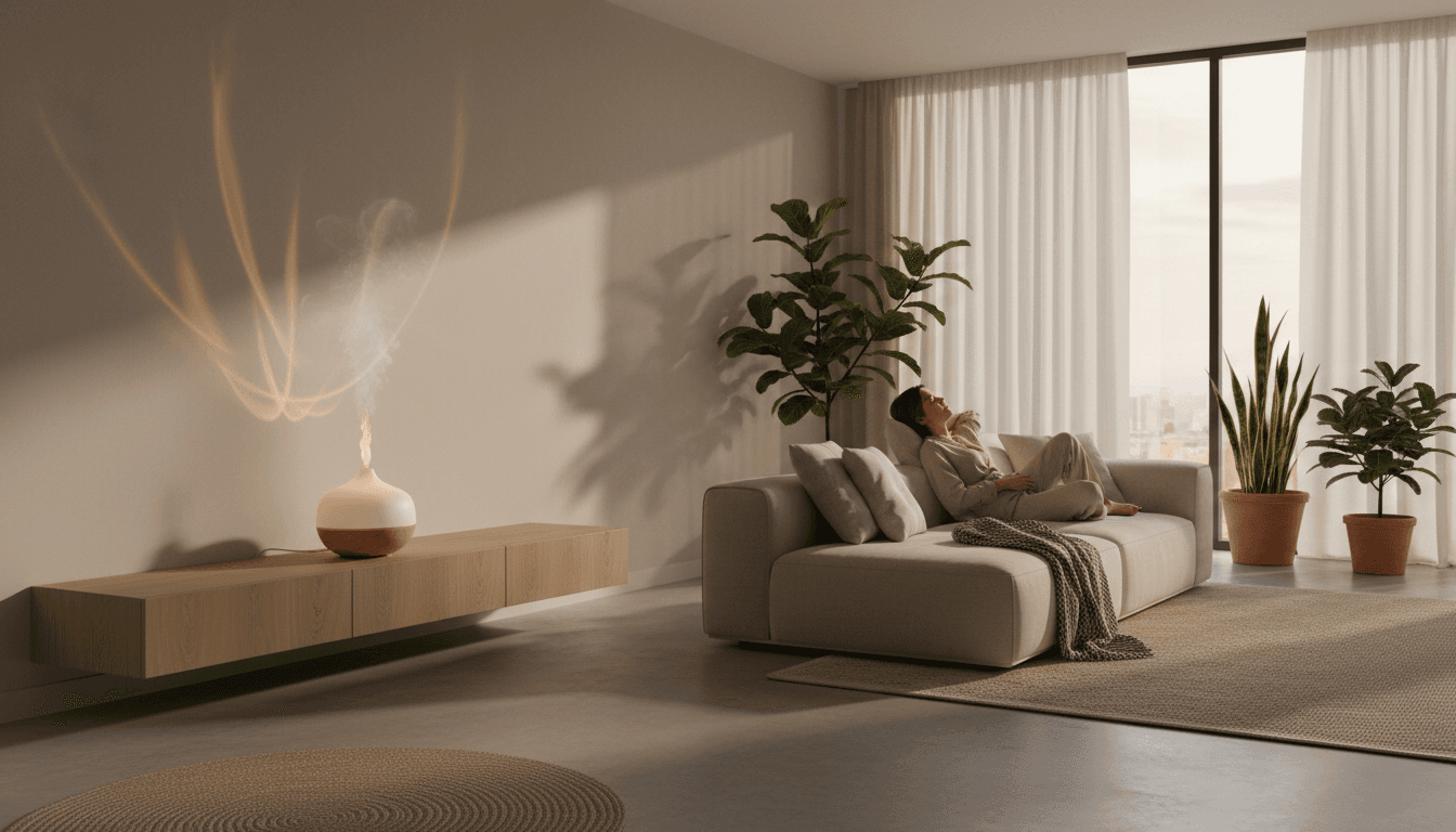 Serene living room with glowing diffuser on console table, relaxed person on sofa, warm ambient light through floor-to-ceiling windows