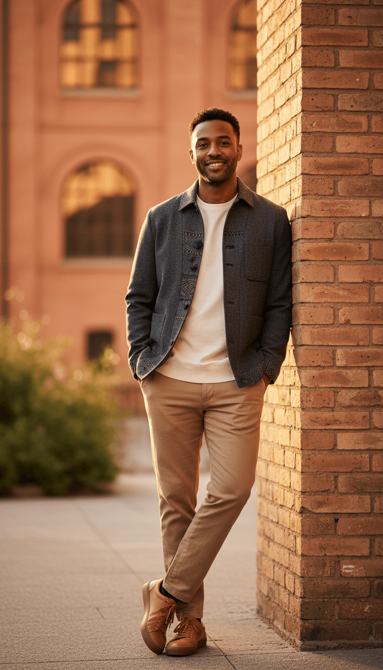 Man dressed in contemporary outfit featuring traditional woven patterns, standing outdoors in golden sunlight with relaxed confident posture